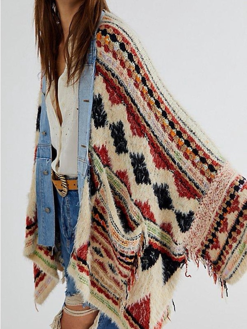 Free People Cream Multi Boho Oversized Fuzzy Knit Cardigan